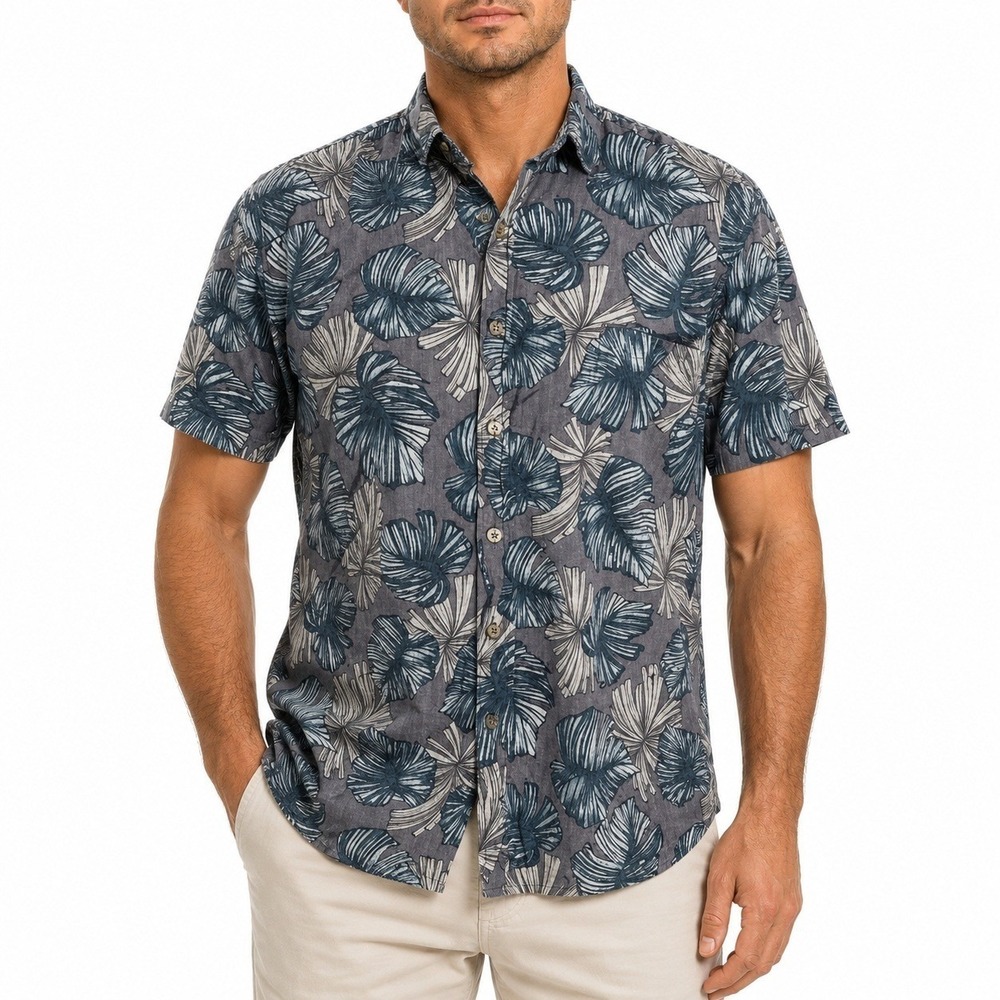 Cooke Street Honolulu Mens 2XL Blue Tropical Leaf Print Cotton Aloha Shirt 2XL